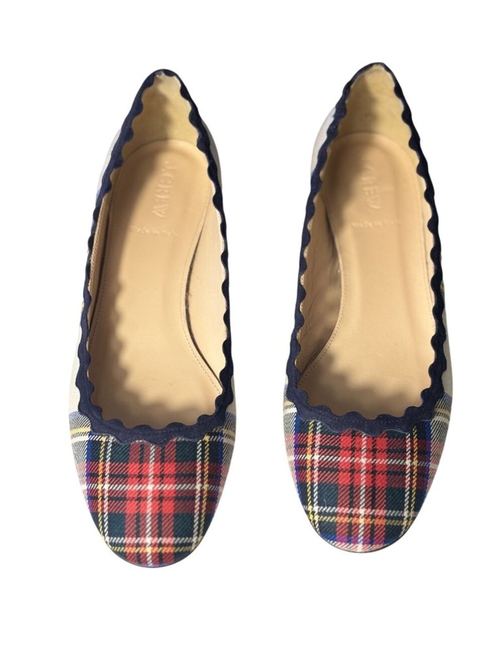 Plaid Scalloped Ballet Flats With Block Heel By J.Crew Size 8.5 Red/Navy Multi - Picture 2 of 10